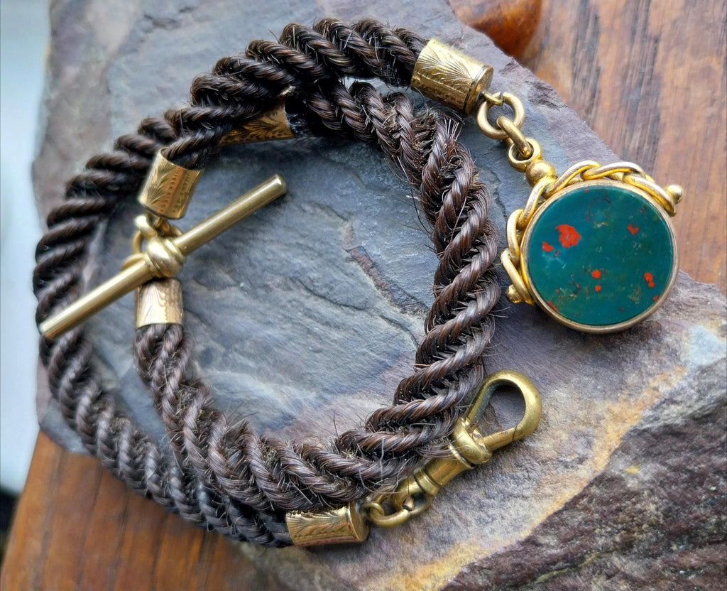 Victorian HAIR Watch chain with Rolled Gold Bloodstone swivel fob - 14" 16.4g