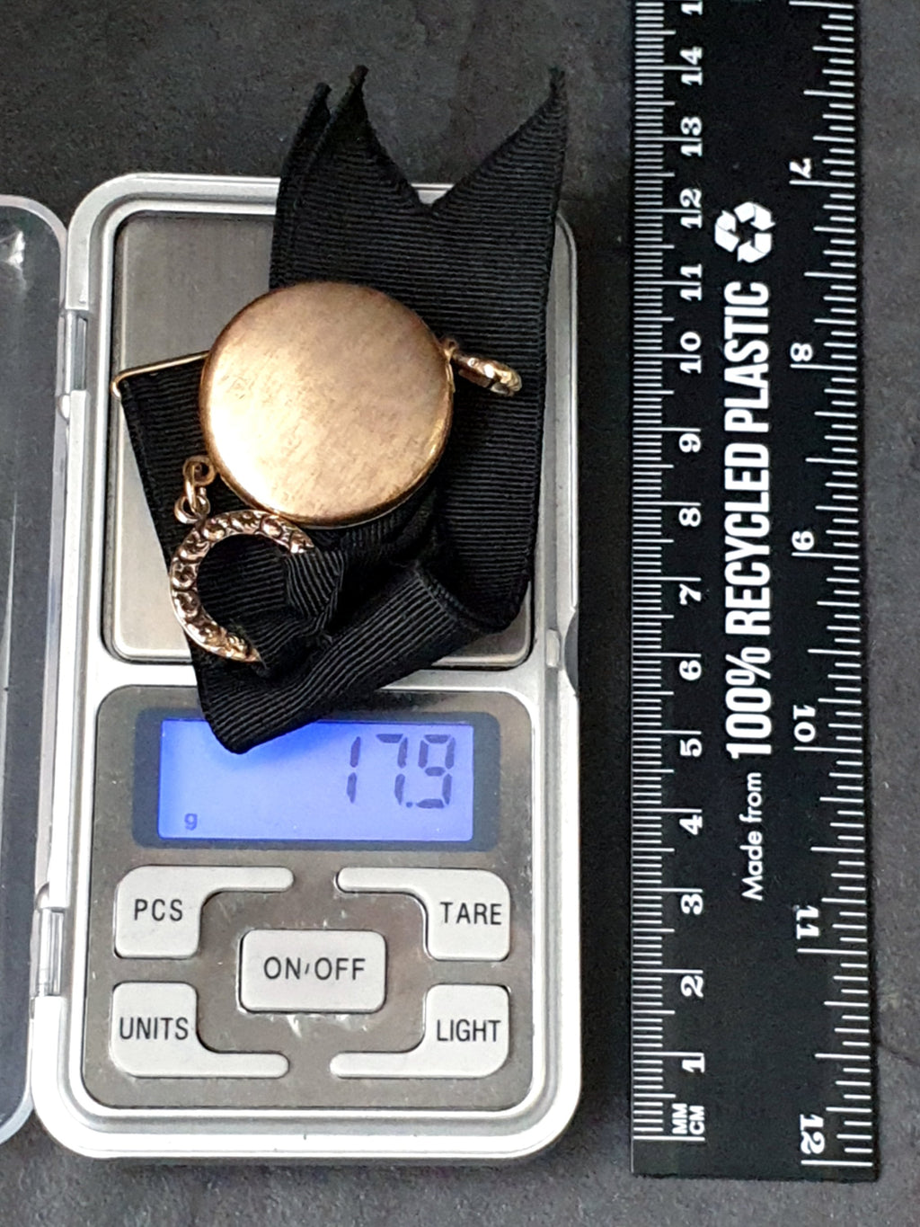 Antique Watch Ribbon with Large Round Photo locket fob - gilt pinchbeck  - 17.9g