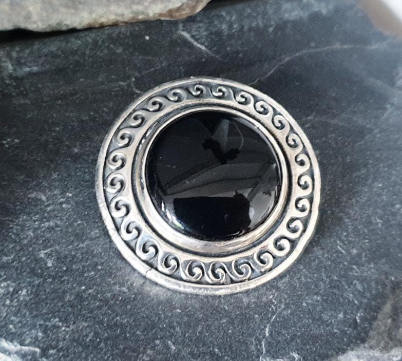 Vintage Black ONYX Brooch - Sterling Silver Swirls - 17.6g