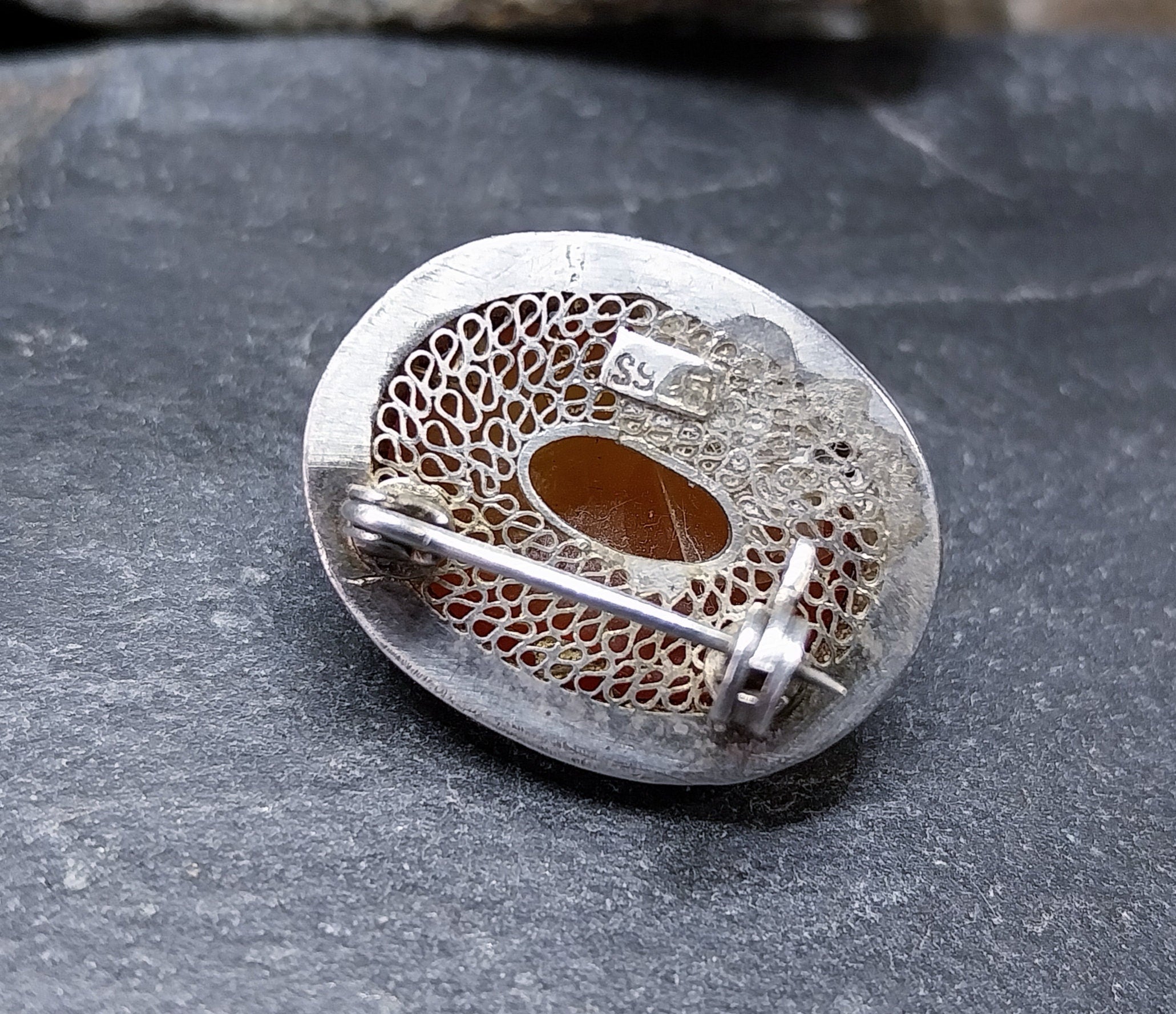 Vintage Sterling Silver Carnelian Brooch -  5.3g