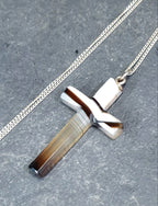Victorian Antique Banded Agate Cross on 18" Sterling Silver Chain - 3.9g