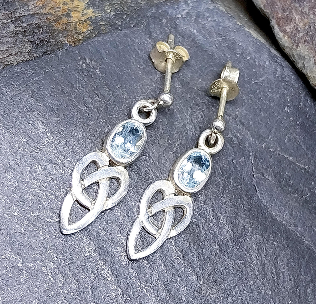 Vintage Sterling Silver Blue Topaz EARRINGS - Celtic Drop Dangling  - 2.7g