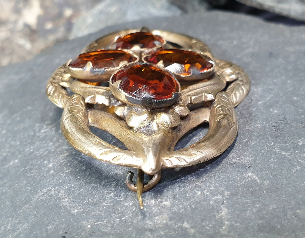 Large Antique VICTORIAN Lovers Knot BROOCH - Brandy Citrine Gemstones 16.7g