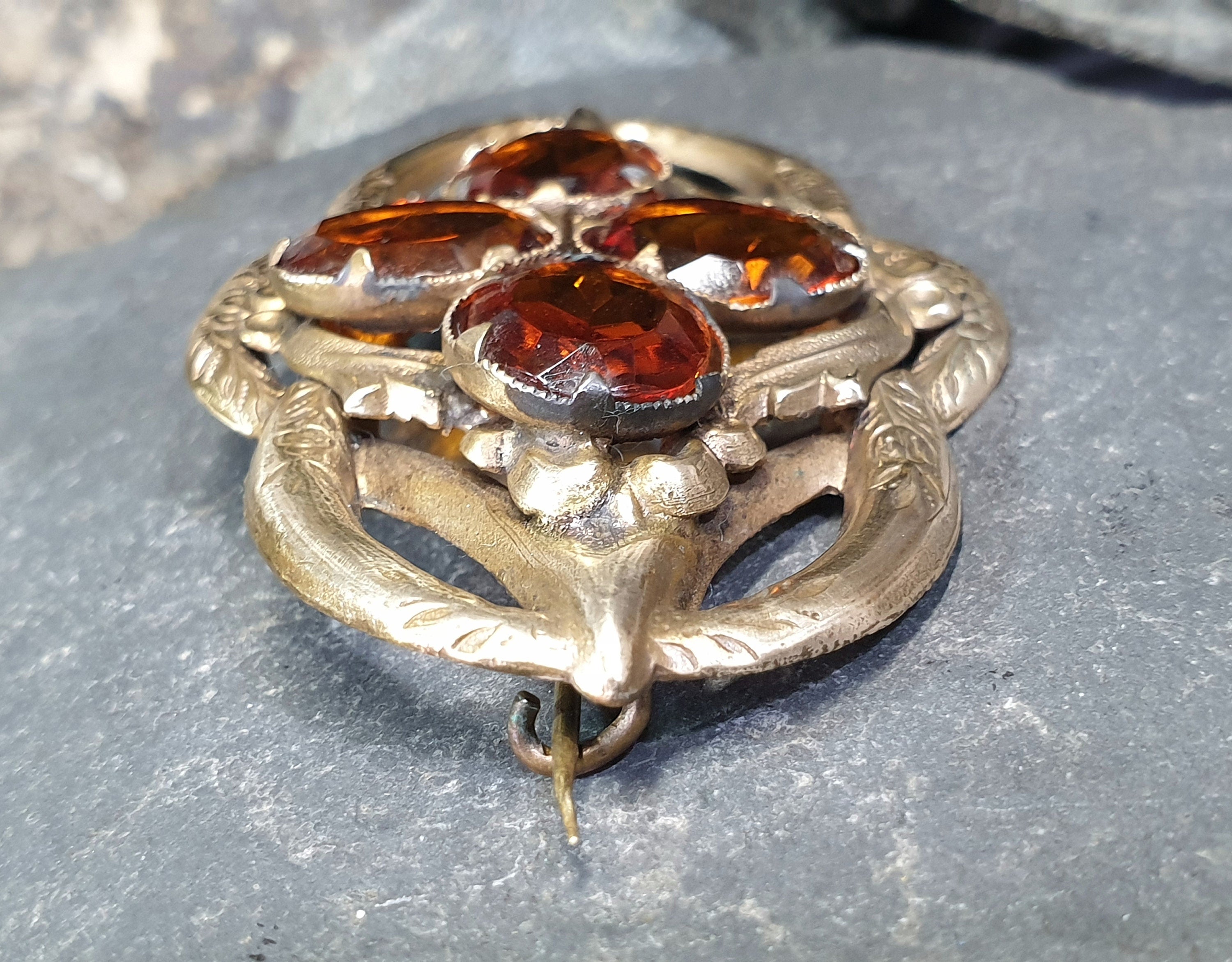 Large Antique VICTORIAN Lovers Knot BROOCH - Brandy Citrine Gemstones 16.7g