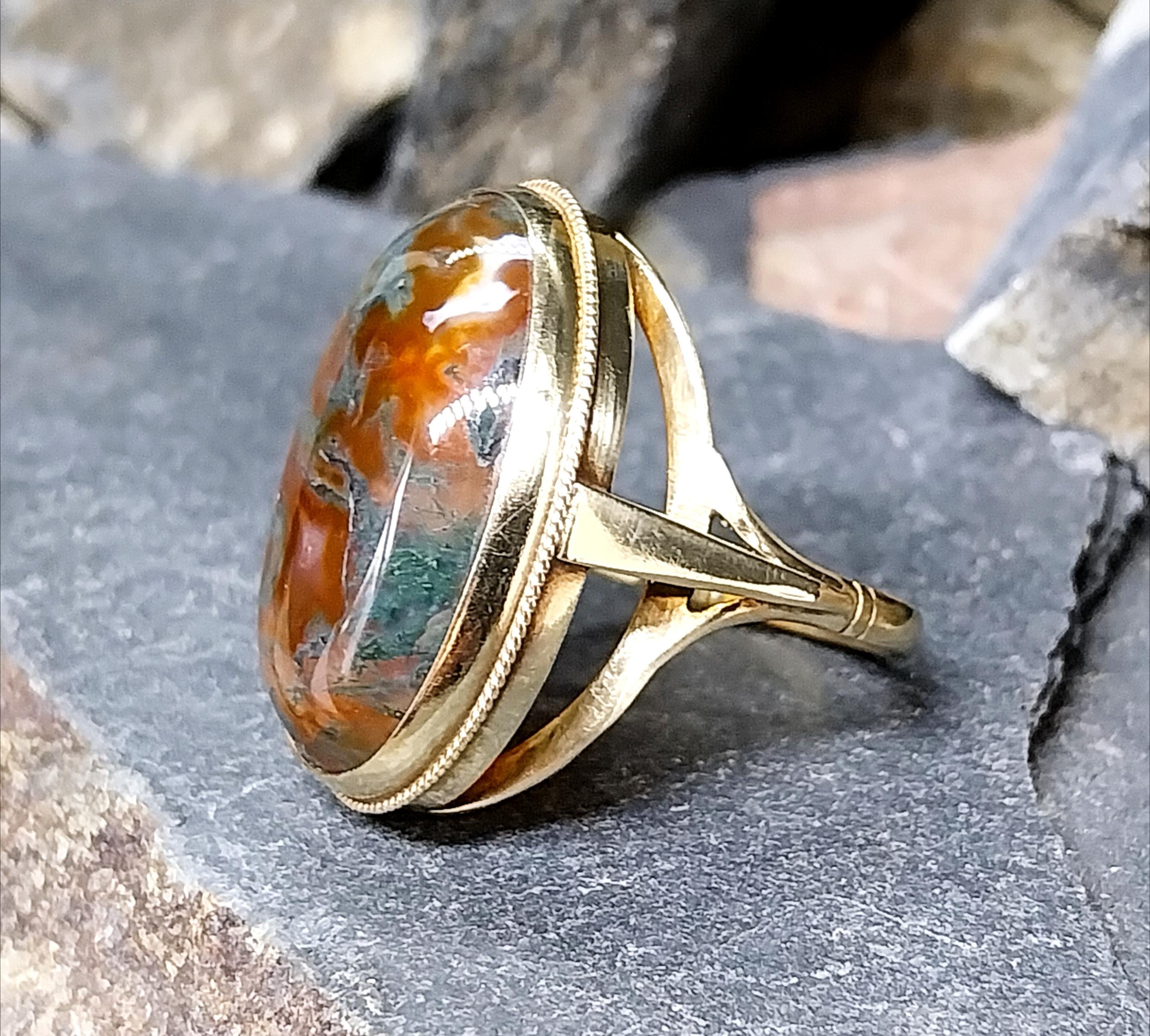 Huge Vintage 9ct Gold MOSS AGATE Ring - Dendritic - Size uk P (us 7.5) - 8.1g