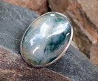 Large Sterling SILVER Moss Agate RING Dendritic Stone - size 0 1/2 (us 7.5) - 12.3g