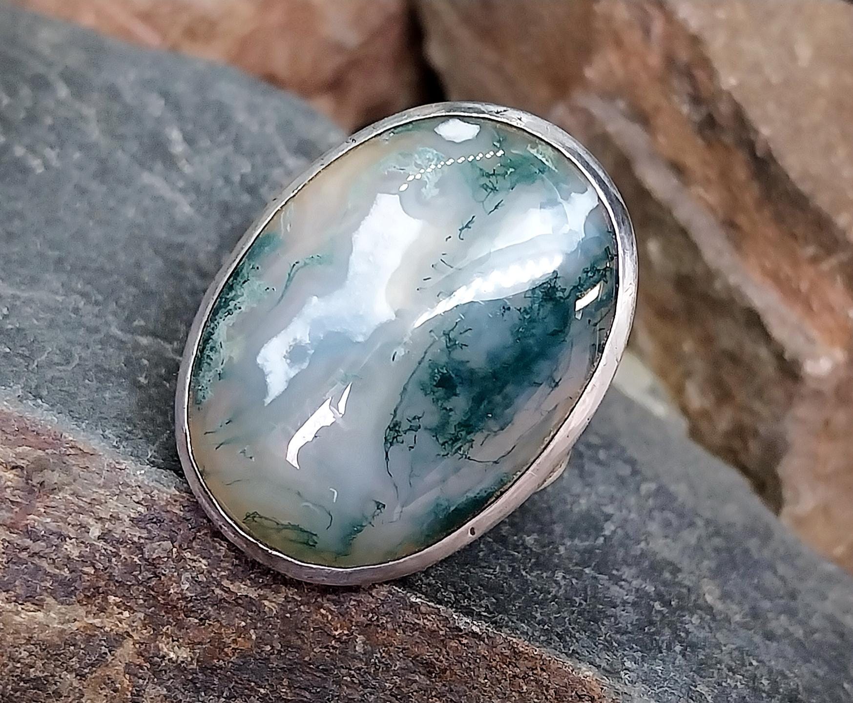Large Sterling SILVER Moss Agate RING Dendritic Stone - size 0 1/2 (us 7.5) - 12.3g