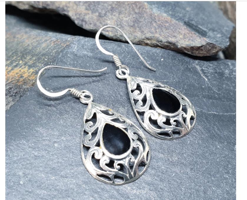 Sterling Silver Dangle Earrings - with Black Onyx Stone - 3.2g
