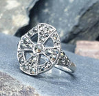 St Silver Celtic Cross ART DECO Ring - with Marcasite Stones - Size uk M (US 6.5) - 4.1g