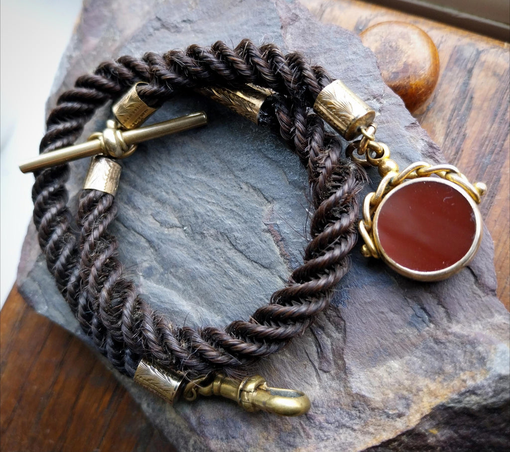 Victorian HAIR Watch chain with Rolled Gold Bloodstone swivel fob - 14" 16.4g