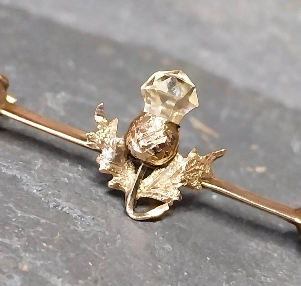 Antique 9ct Gold Thistle and Citrine Bar Brooch - 1.8g