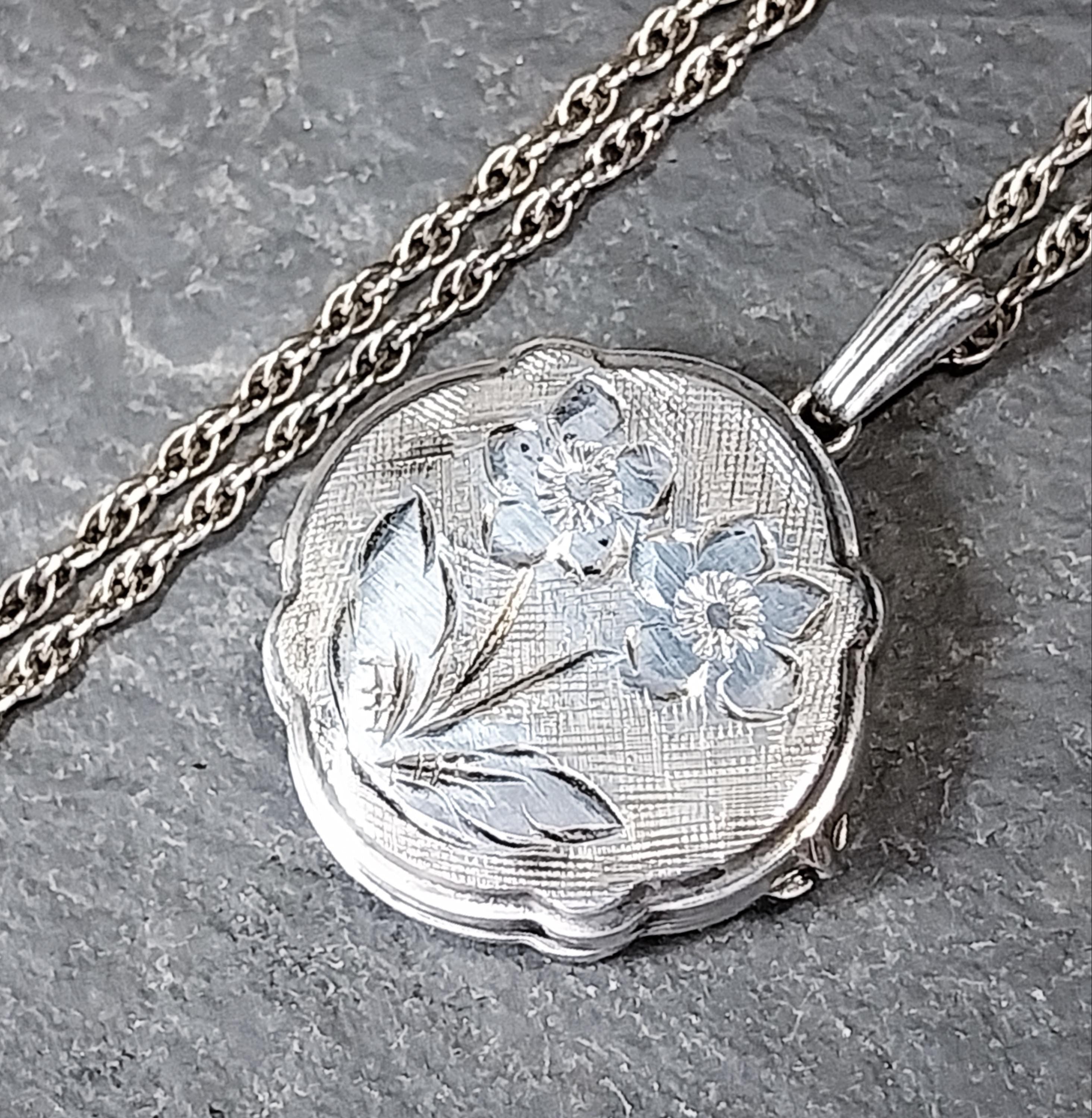Vintage Georg Jensen SILVER LOCKET Necklace - Unusual Circle with 2 flowers on 16" Chain - 7g