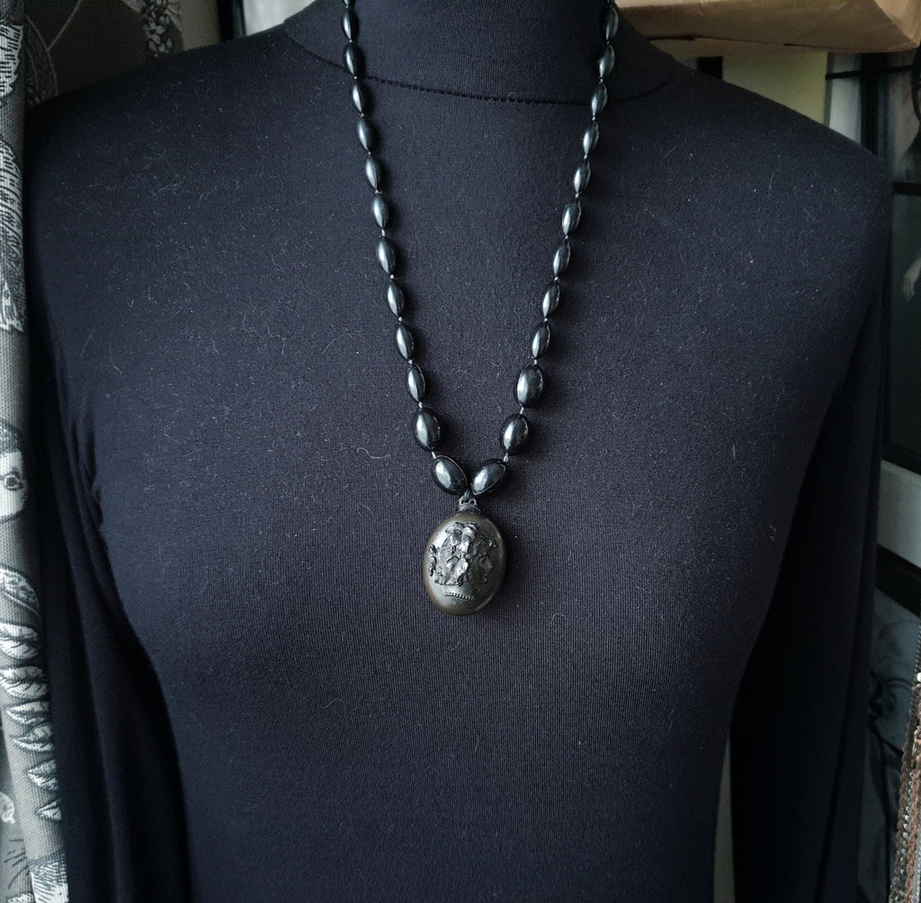 Victorian BOG OAK LOCKET and Bead Necklace with Bacchante Cameo carving