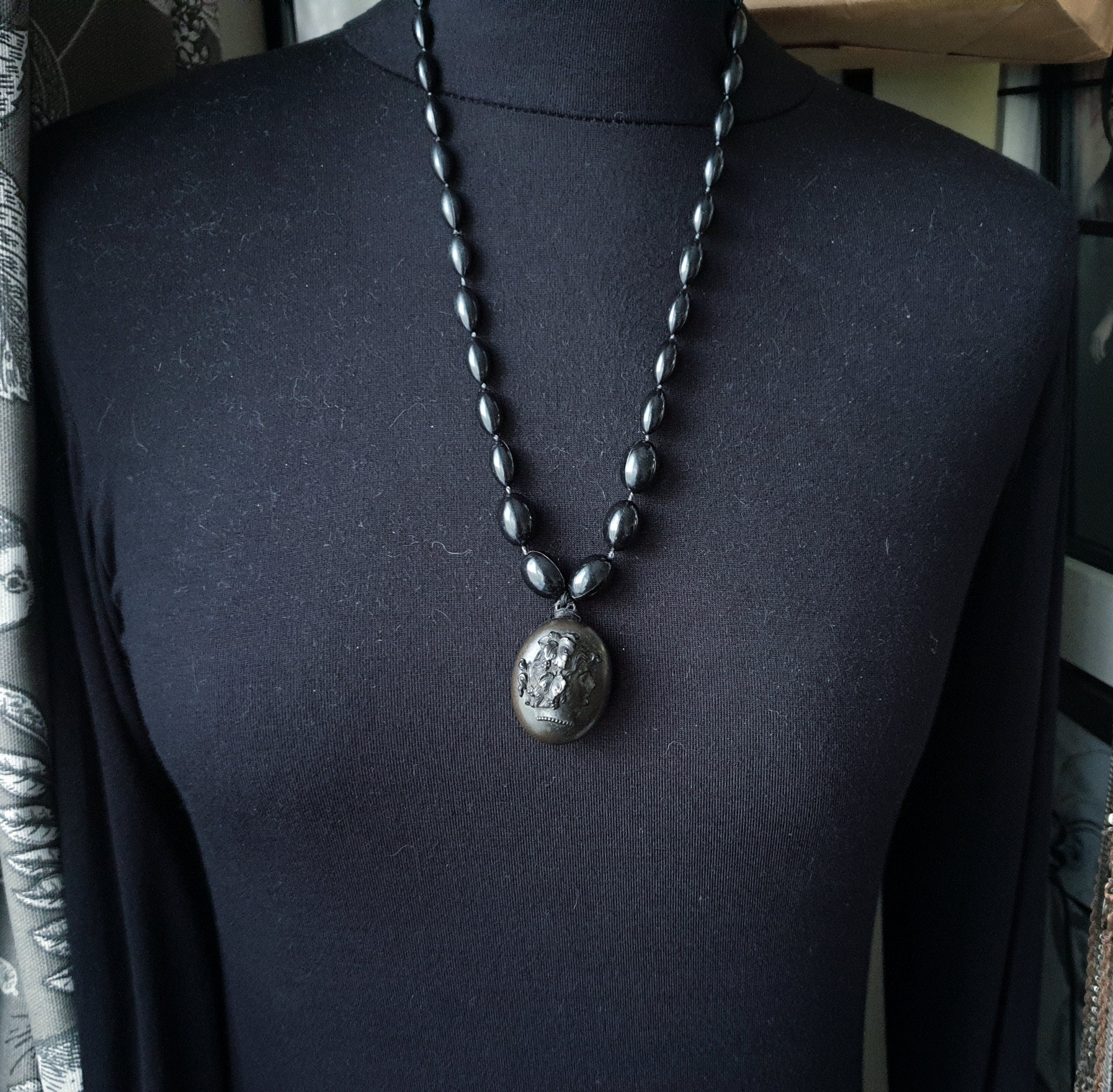 Victorian BOG OAK LOCKET and Bead Necklace with Bacchante Cameo carving