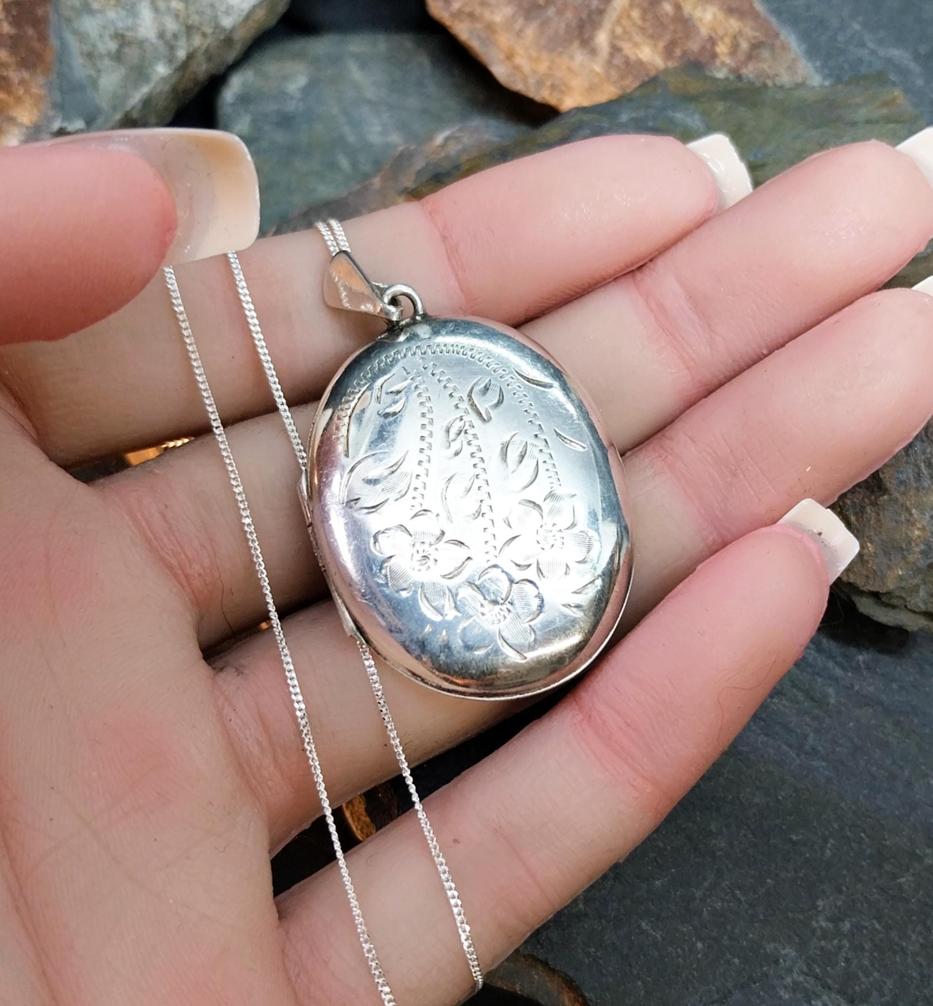 Large Vintage Silver LOCKET Necklace - Joseph Smith on 18" Sterling Chain - 10.4g