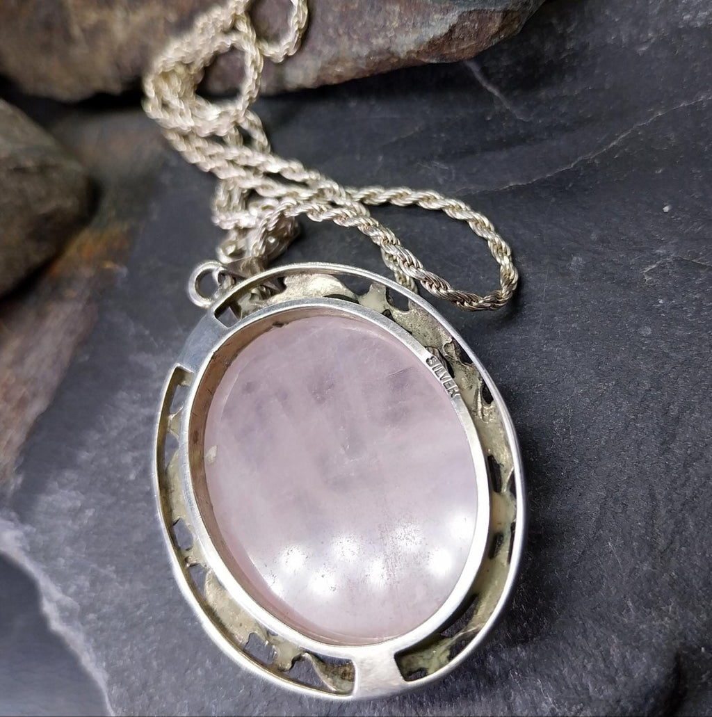 Vtg Large Sterling Silver ROSE QUARTZ  Pendant Necklace on 16" Chain - 21.2g