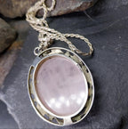 Vtg Large Sterling Silver ROSE QUARTZ  Pendant Necklace on 16" Chain - 21.2g