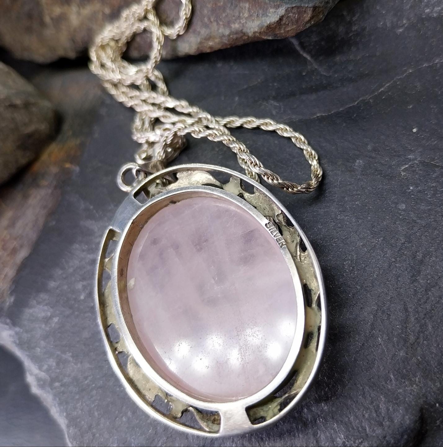 Vtg Large Sterling Silver ROSE QUARTZ  Pendant Necklace on 16" Chain - 21.2g