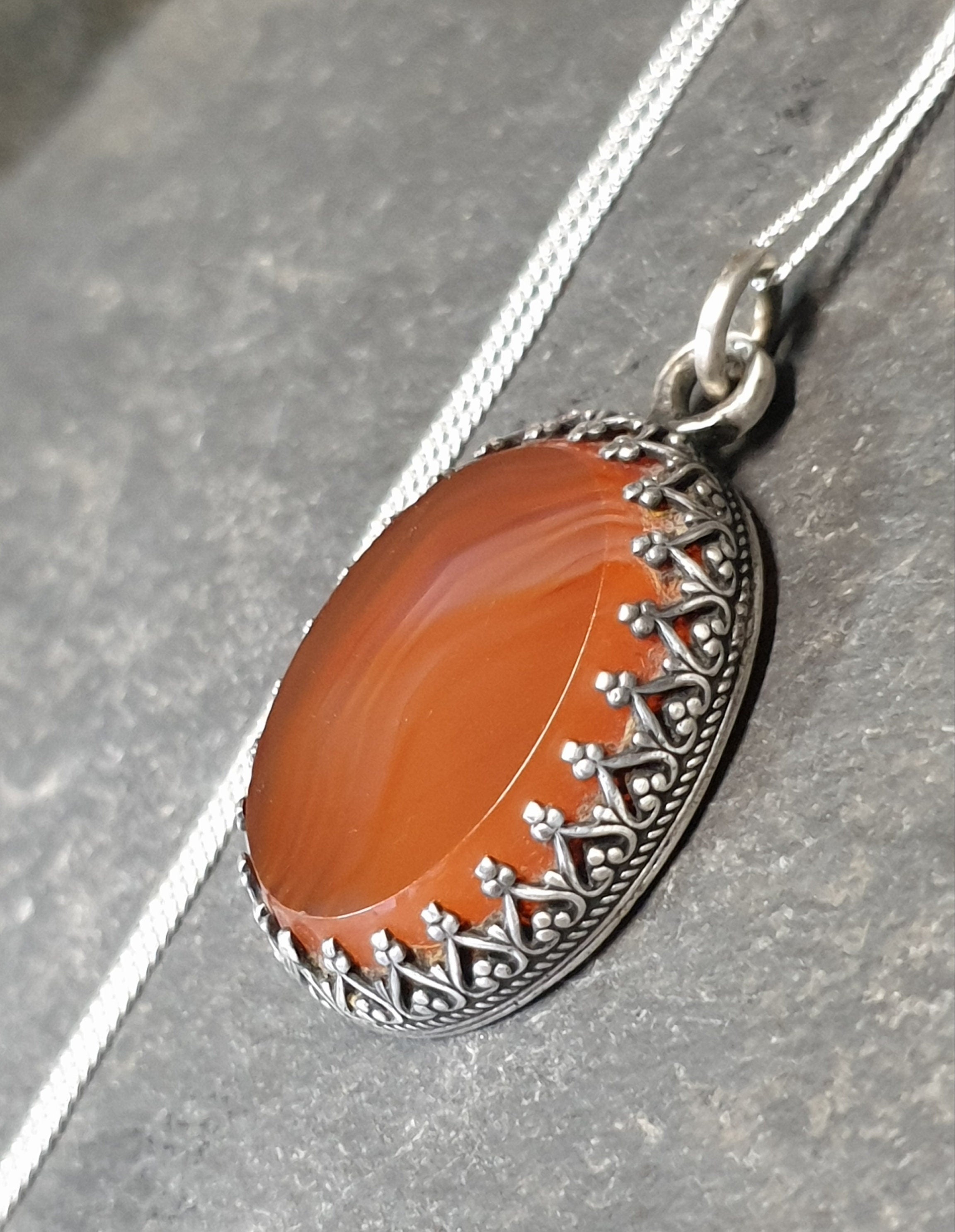Antique Carnelian Agate  Pendant Necklace  on  20" Chain - 6.9g