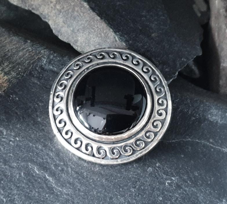 Vintage Black ONYX Brooch - Sterling Silver Swirls - 17.6g