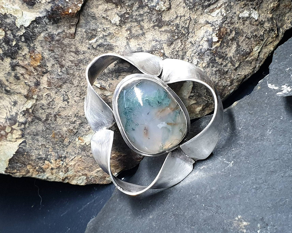 Vintage Modernist Moss Agate Silver Brooch - Sterling Silver - 9.2g