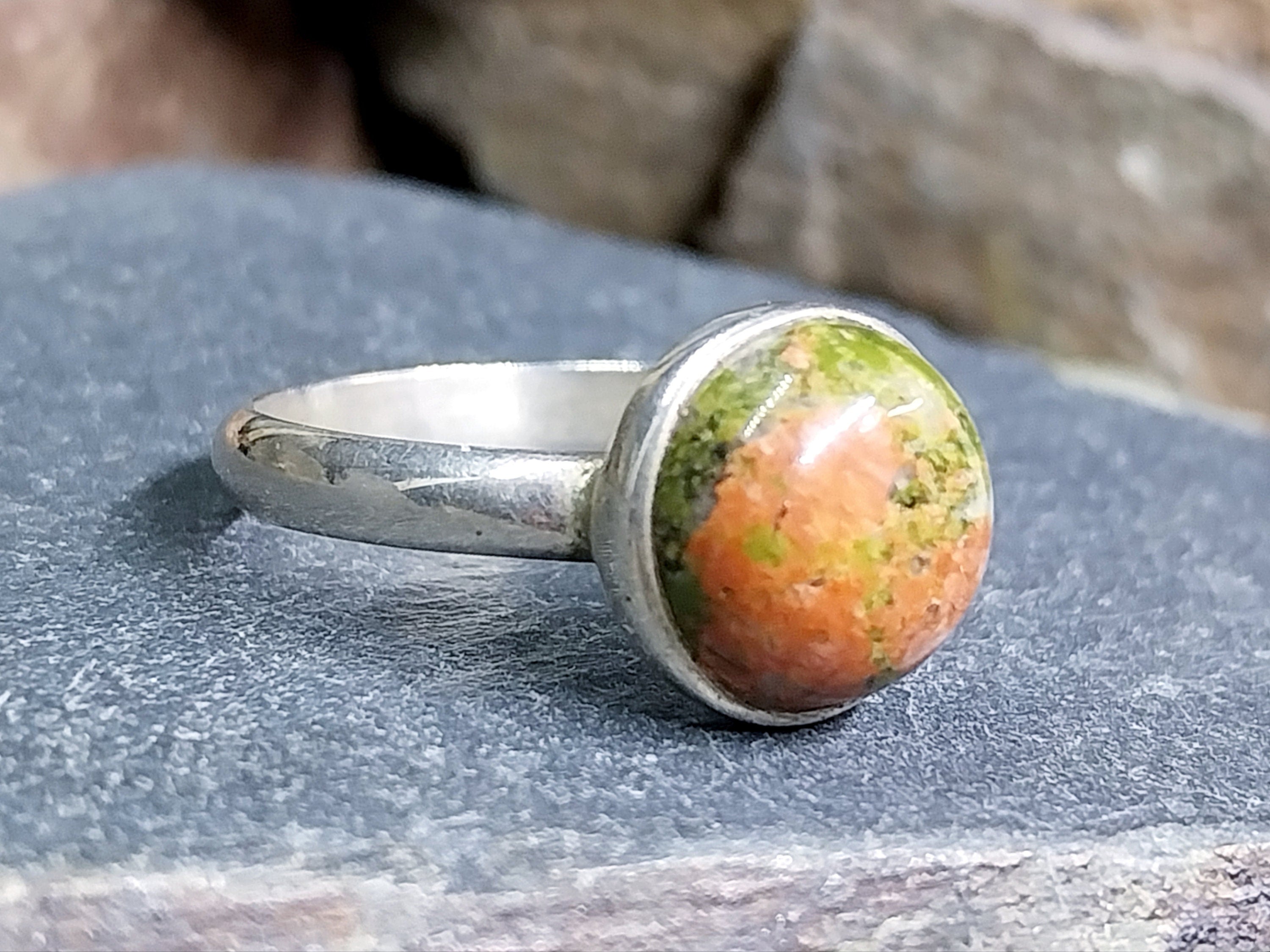 Vintage Sterling SILVER Mottled MOSS AGATE Ring - Size uk Q (us 8) - 3.1g
