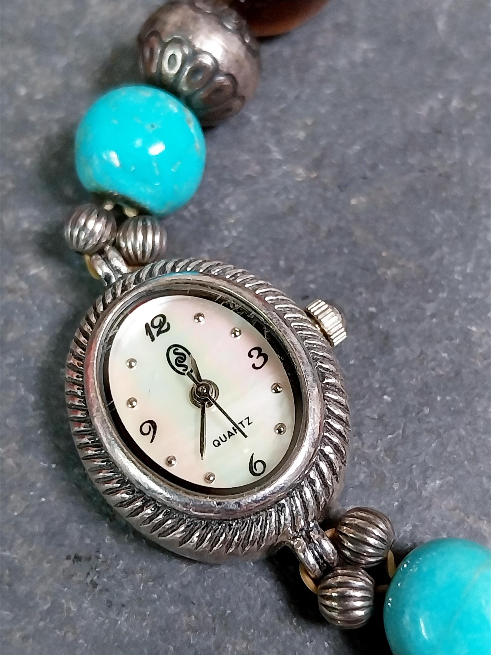 Vintage Sterling Silver WATCH - with Gemstone Bracelet Strap elasticated - 28.6g