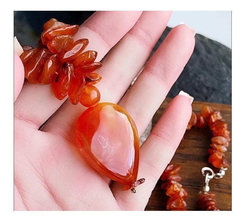 Vintage Large Carnelian Drop Necklace - Long 24" - with Sterling Silver Clasp