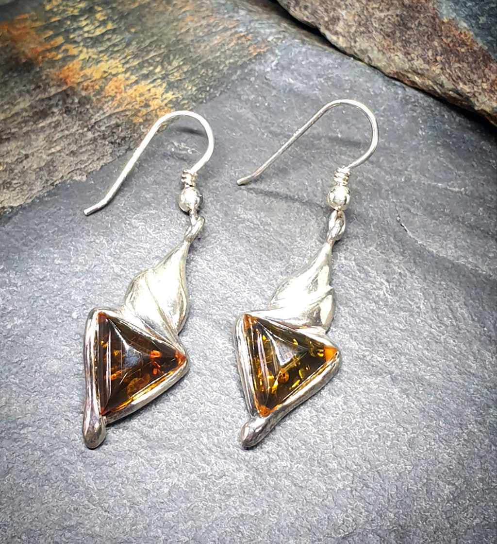 Vintage Sterling Silver AMBER EARRINGS - Dangling  - 4.6g