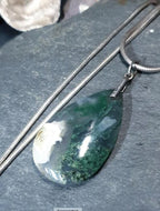 Large Moss Agate Teardrop Pendant Necklace on 20" Chain - 21.2g