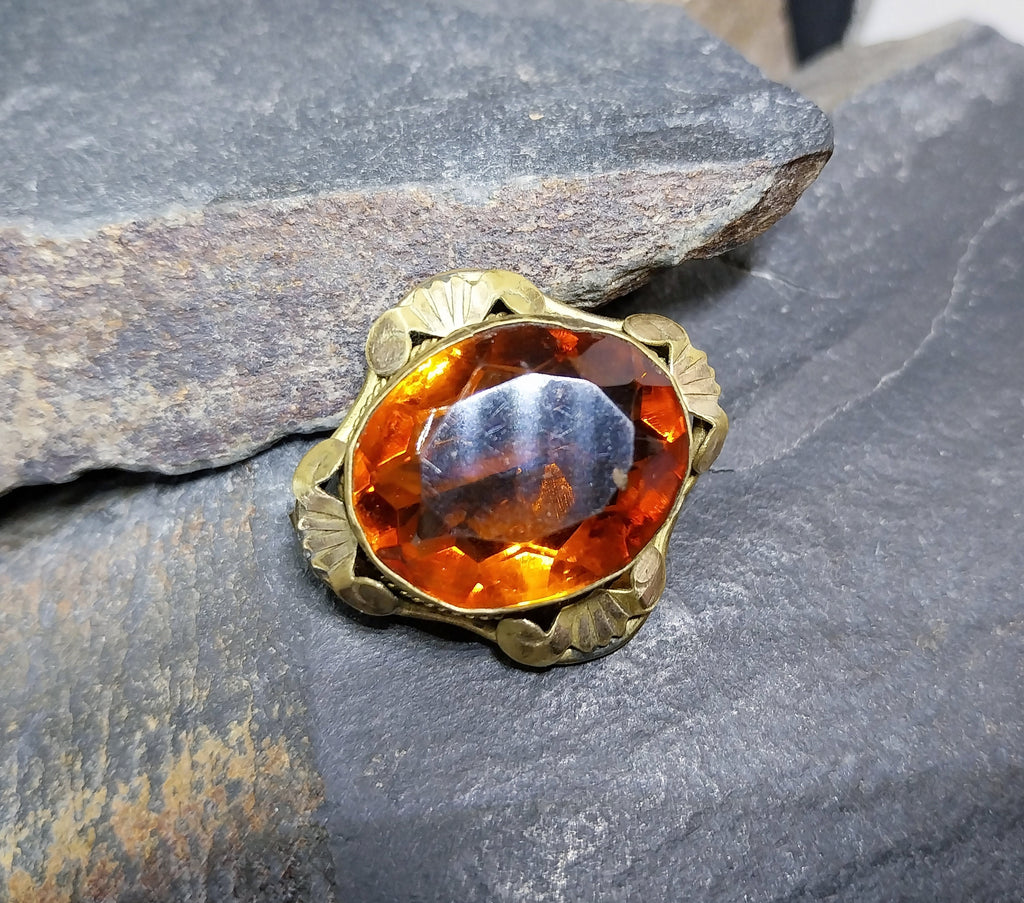 Antique Pinchbeck BROOCH with Brandy Orange Gemstone - 6g