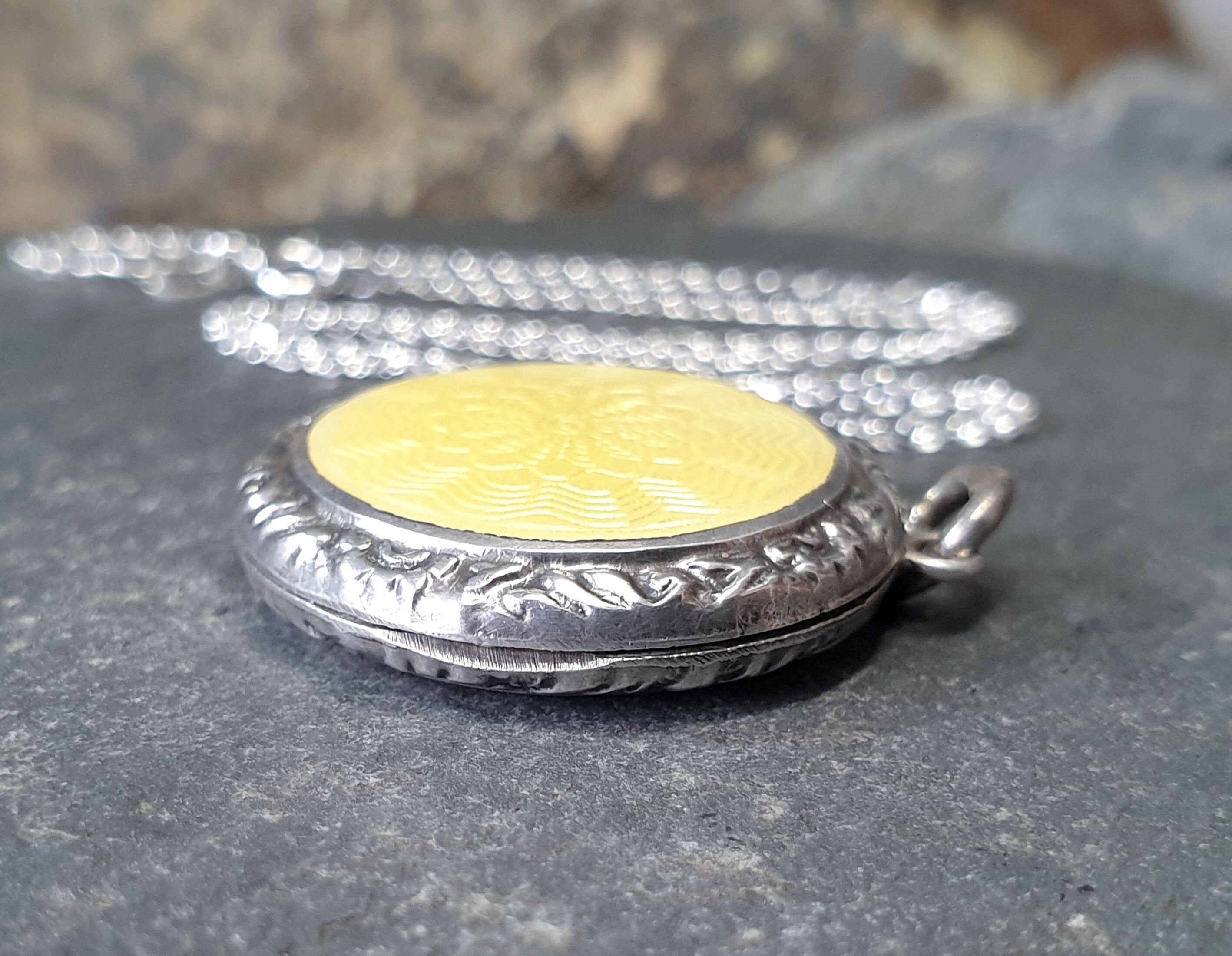 Sunflower Yellow Enamel Guilloché Locket Sterling Silver & 18" chain - 9.8g