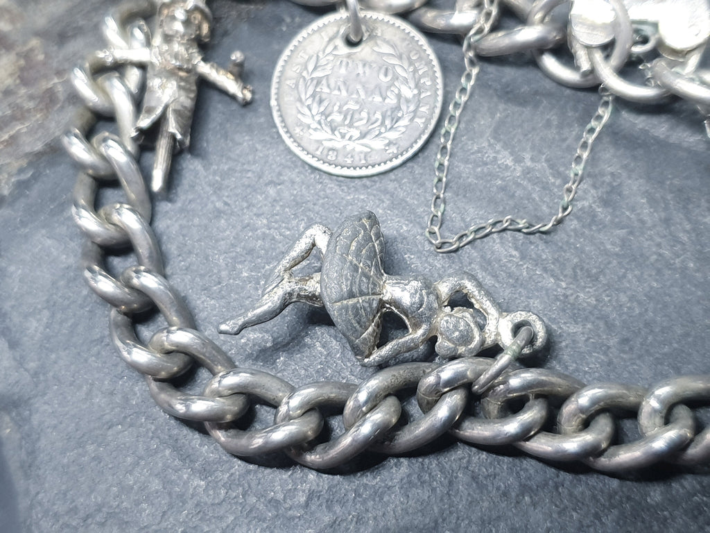 Vintage Silver CHARM BRACELET with 4 Charms and heart padlock clasp - 29.1g
