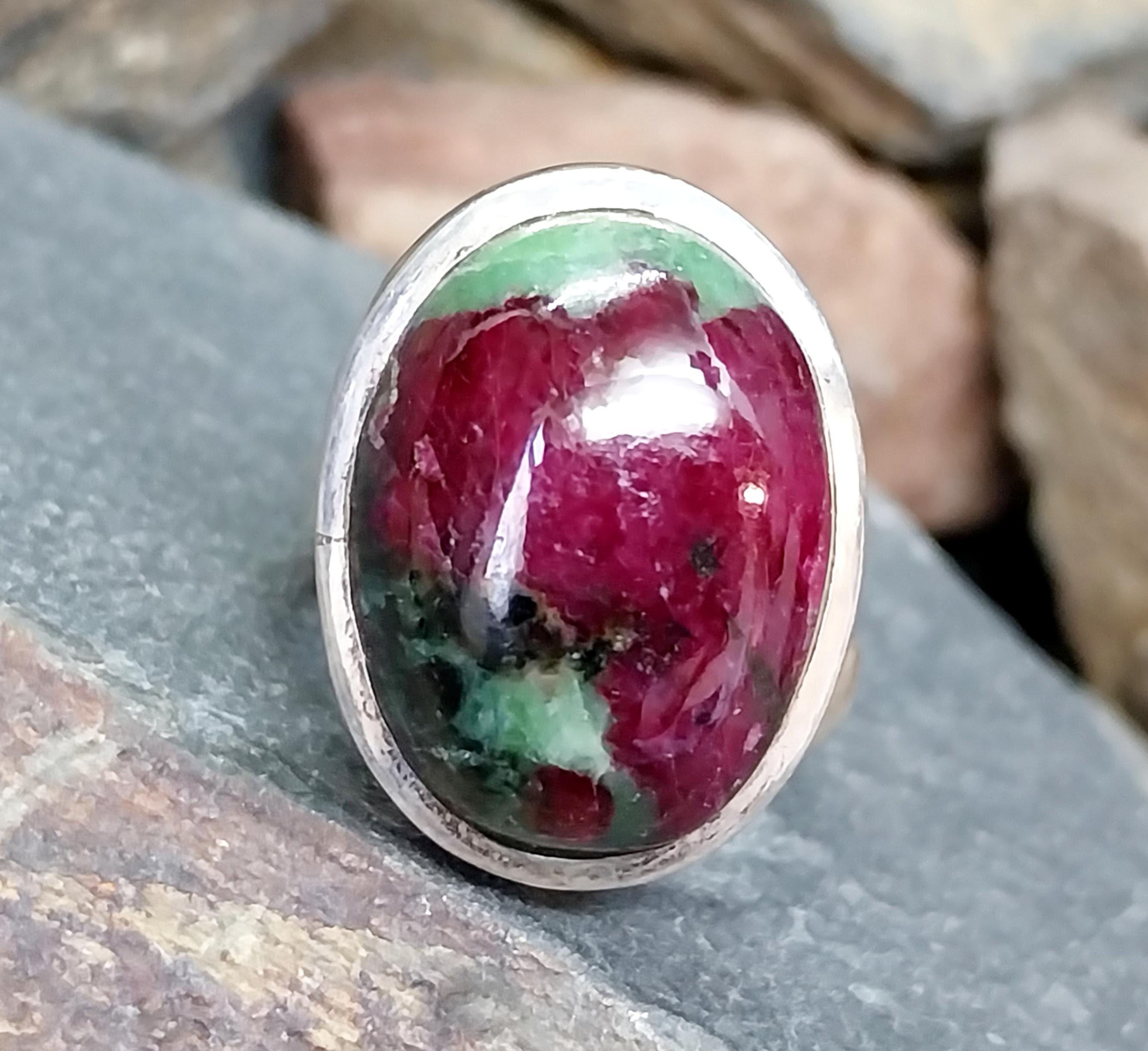 Sterling Silver RING - Large Moss Agate and Plum Red - uk size Q (us 8) - 14.1g