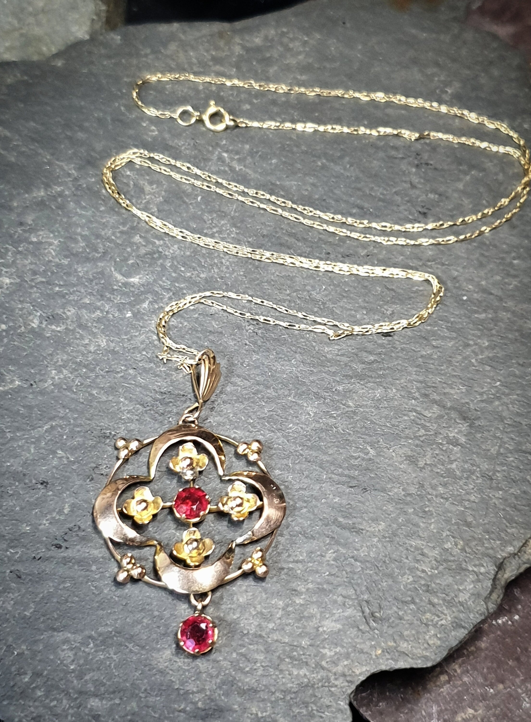Edwardian 9ct Rose GOLD Red Gemstone Drop Pendant Necklace 20" Chain - 2.6g