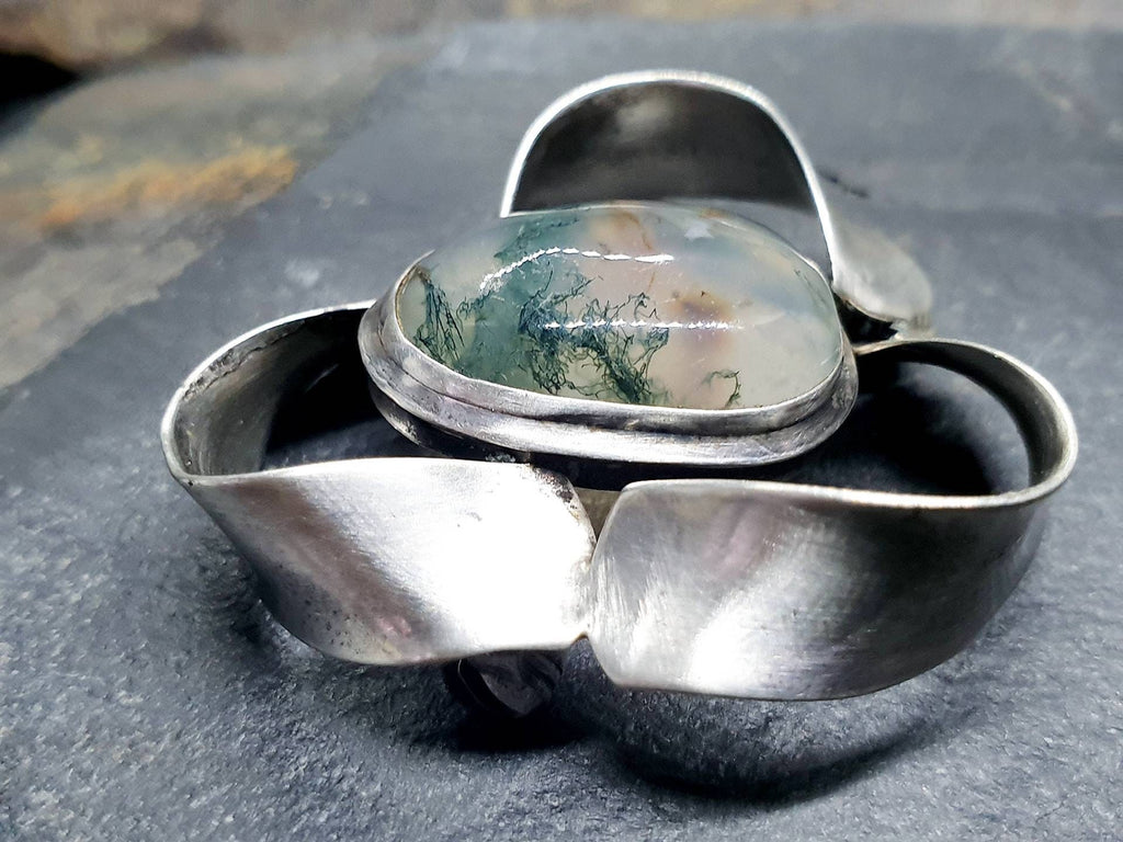 Vintage Modernist Moss Agate Silver Brooch - Sterling Silver - 9.2g