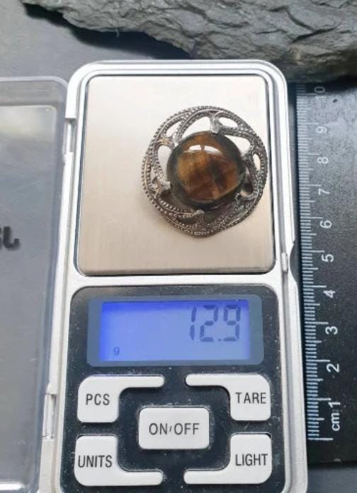 Sterling Silver MIRACLE TIGERS EYE Brooch -  Hallmarked Edinburgh - 12.9g