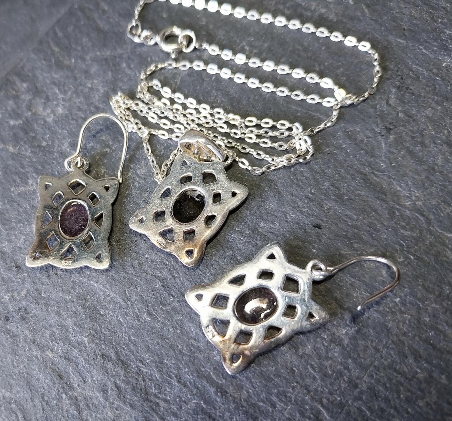 Sterling SILVER Amethyst Necklace and Matching Earrings Gift Set - Celtic Knot - 8.6g