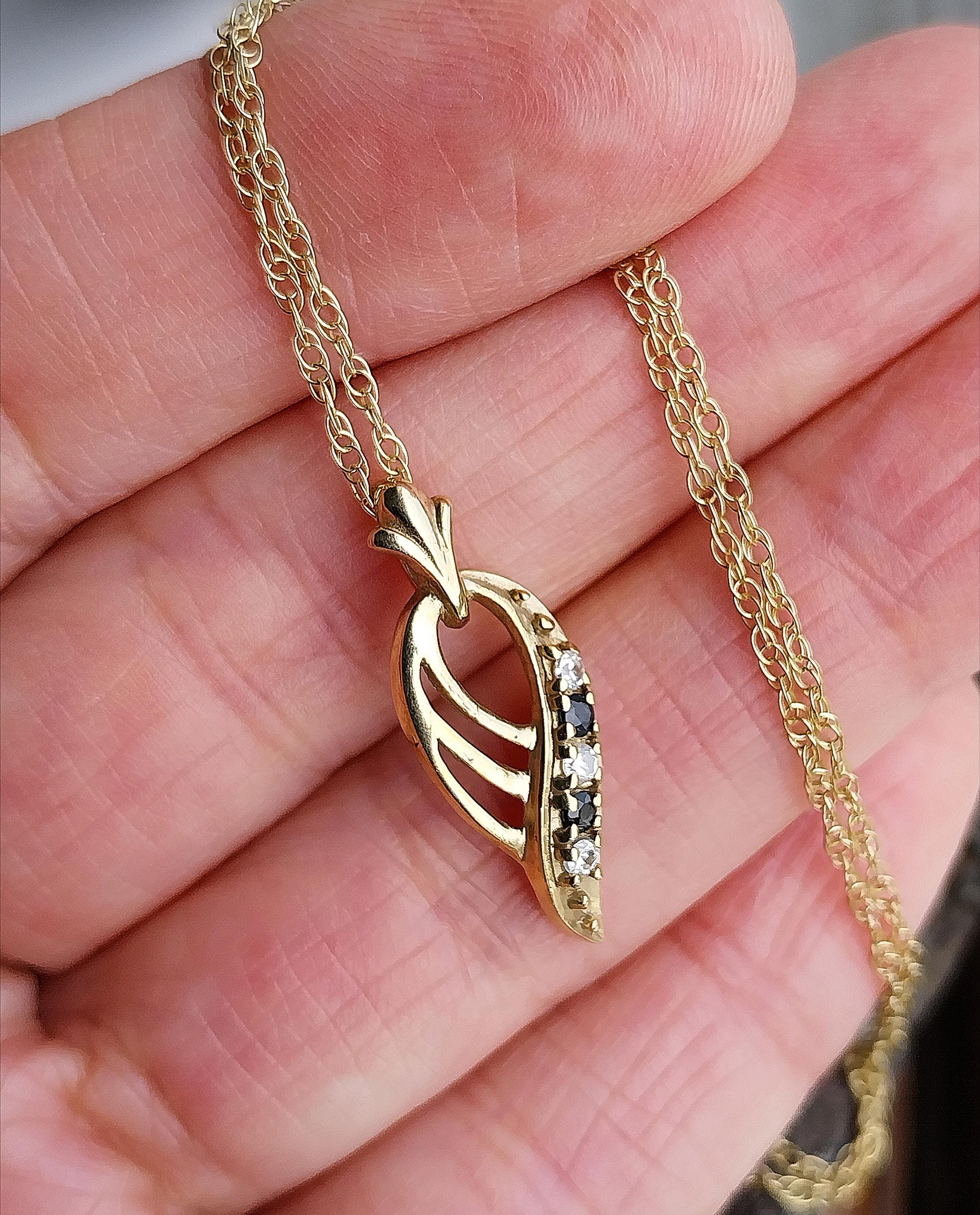 Vintage 9ct Gold Sapphire Pendant Necklace Leaf / Feather on 18" - 1.8g