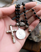 Vintage Small BLACK ROSARY BEADS with Crucifix - Short 14" - 13g