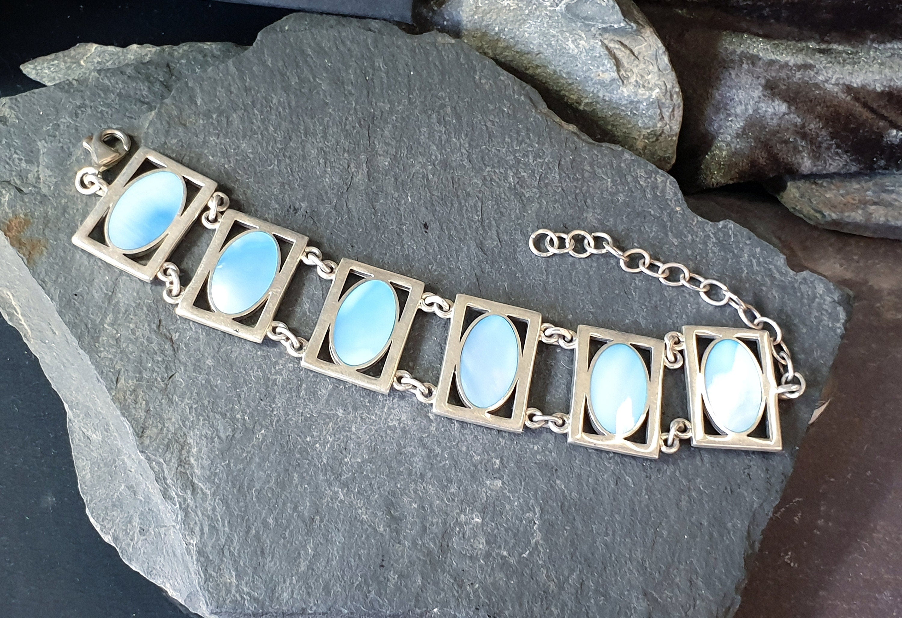 Vintage Silver Bracelet with Blue Mother of Pearl Panel Links -23.4g