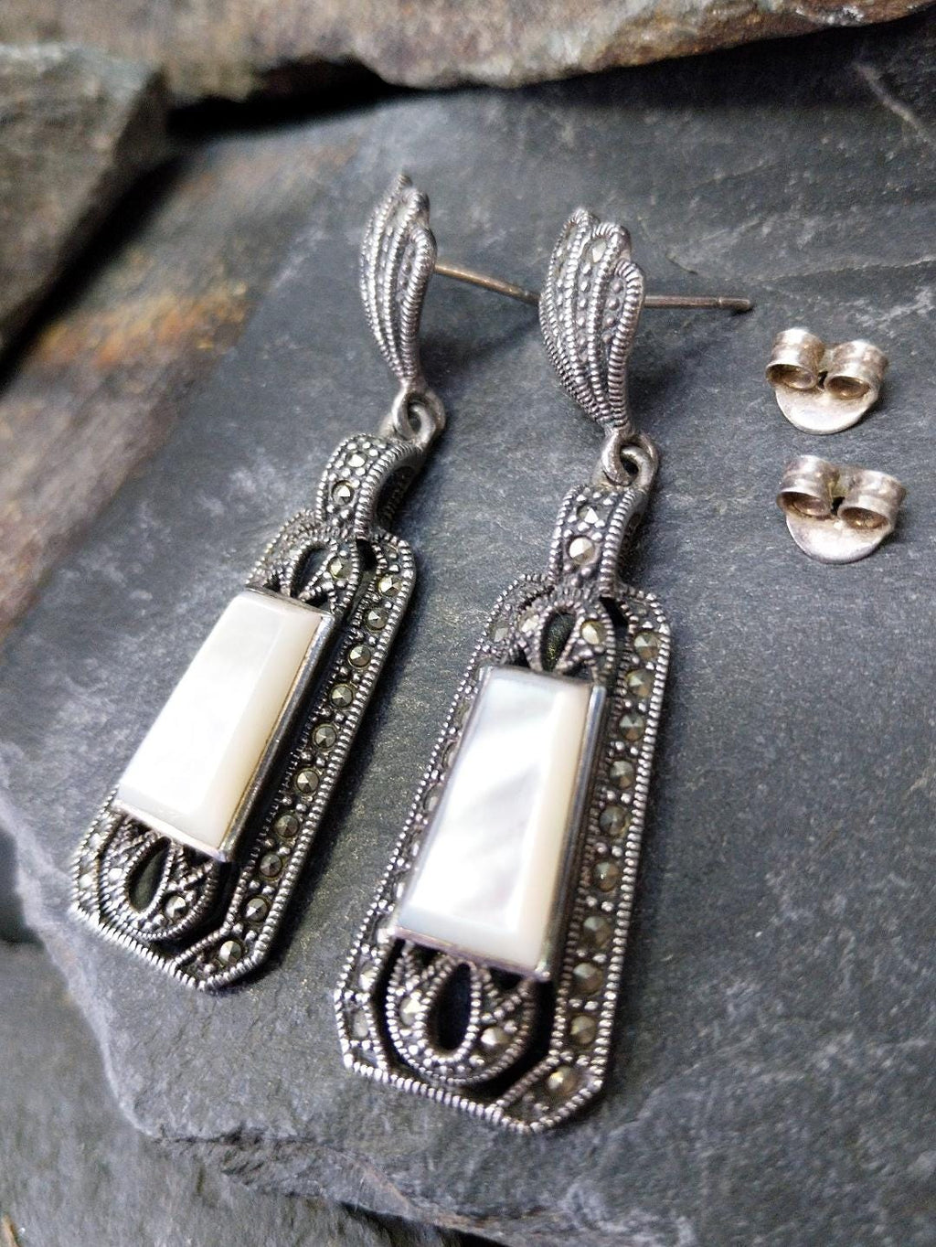Sterling Silver Art Deco EARRINGS MOP & Marcasite - 12.1g