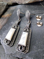 Sterling Silver Art Deco EARRINGS MOP & Marcasite - 12.1g