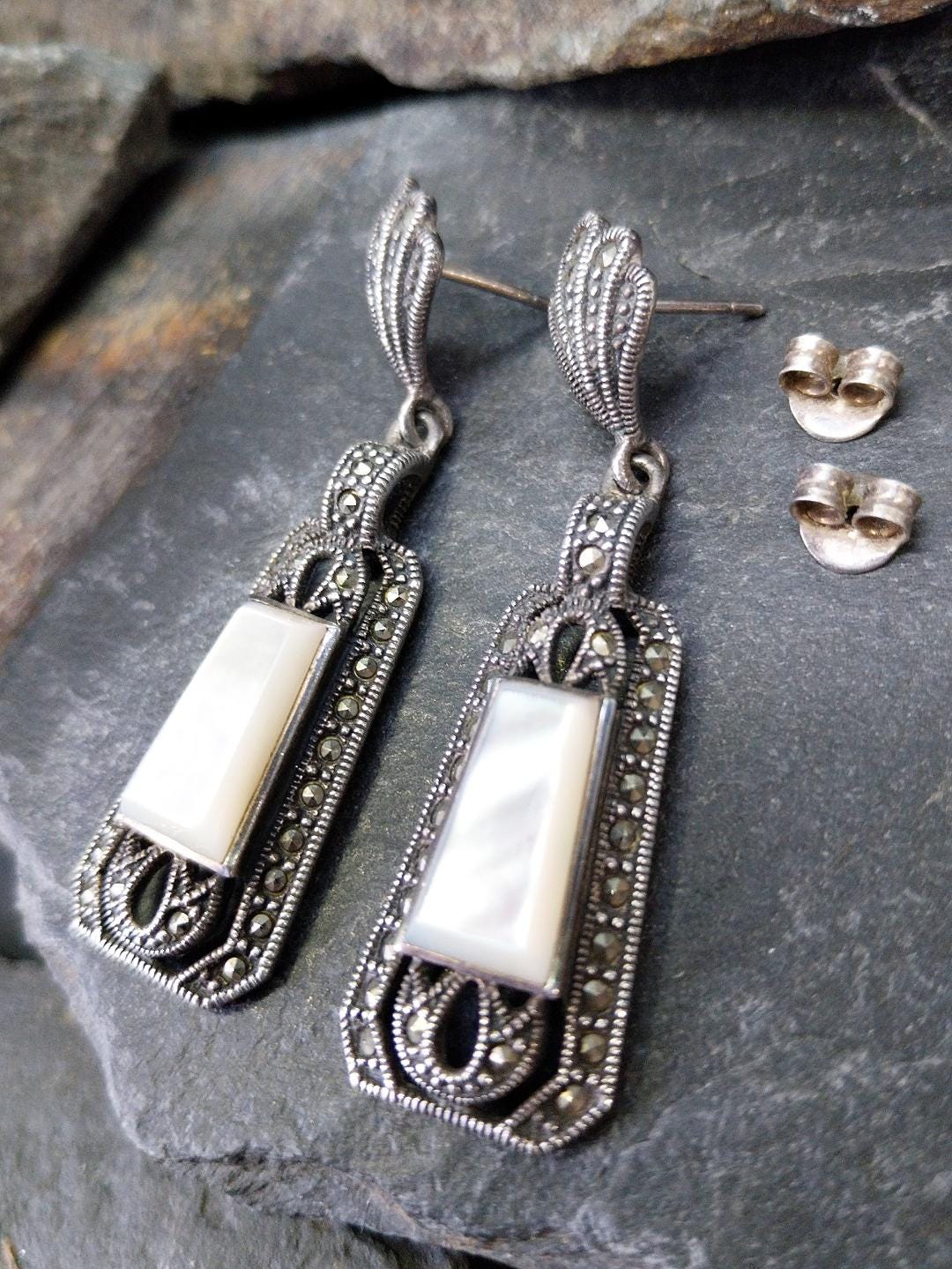 Sterling Silver Art Deco EARRINGS MOP & Marcasite - 12.1g