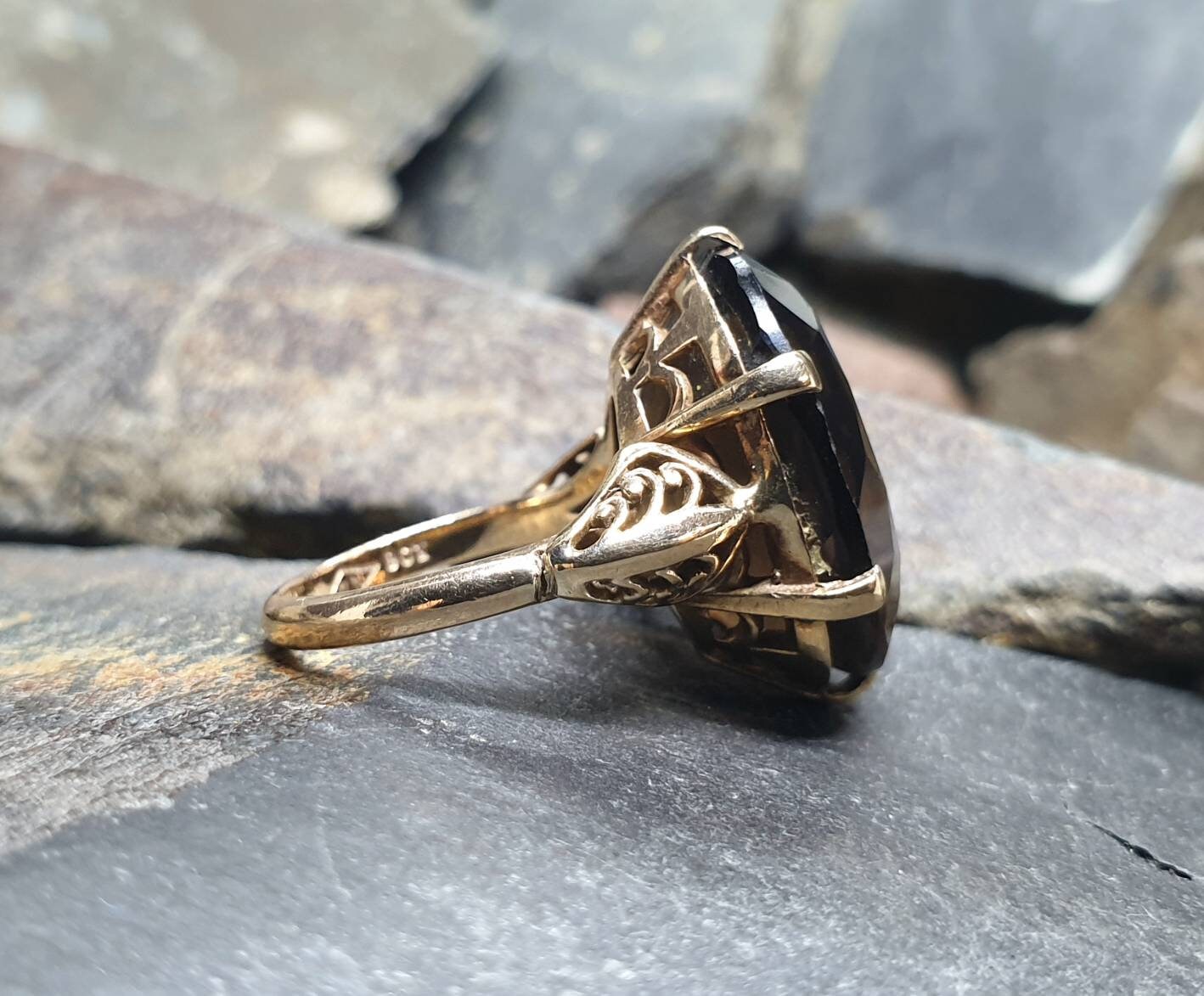 Huge Antique 9ct GOLD Smoky Quartz Ring - Size uk L (us 5.75) - 7.2g